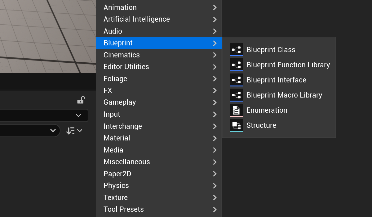 Меню создания Blueprint Enumeration и Structure