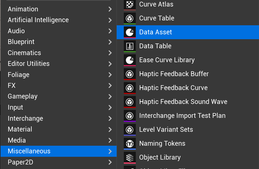 Создание Data Asset через меню Miscellaneous