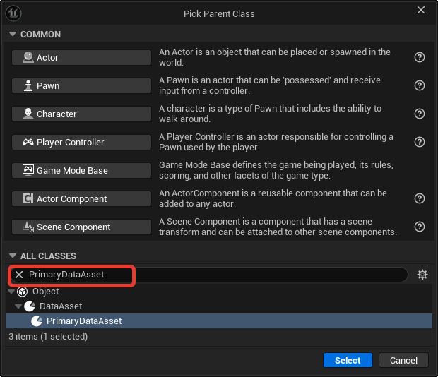 Выбор PrimaryDataAsset как родительского класса Blueprint