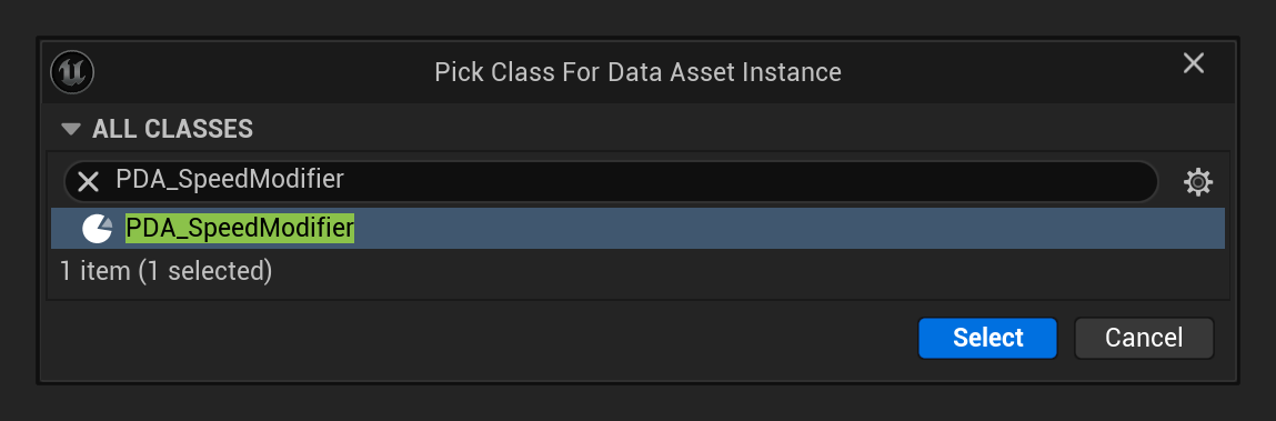 Выбор PDA_SpeedModifier для нового Data Asset